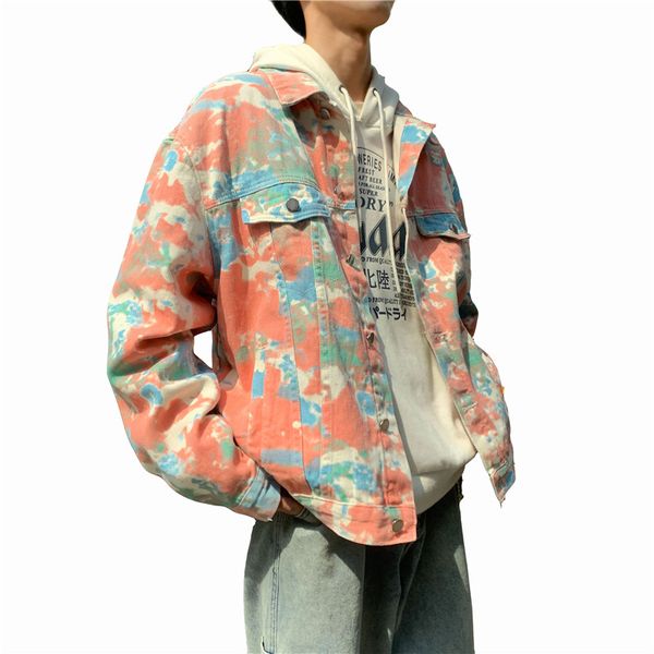 

jeans jacket men denim hip hop camouflage gradient long sleeve mens jackets coat spring hi-street washed male streetwear coats, Black;brown