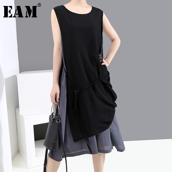 

eam] women gray irregular split joint midi dress new round neck sleeveless loose fit fashion tide spring summer 2020 1x128, Black;gray