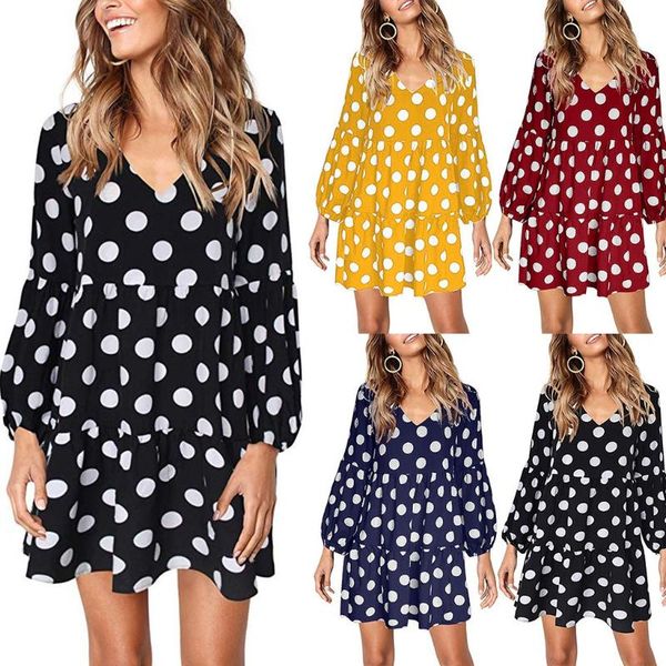 

female summer dress deep v neck polka dot dresses leisure short sleeve beach mini sundress ruffles party dress verano#ss, Black;gray