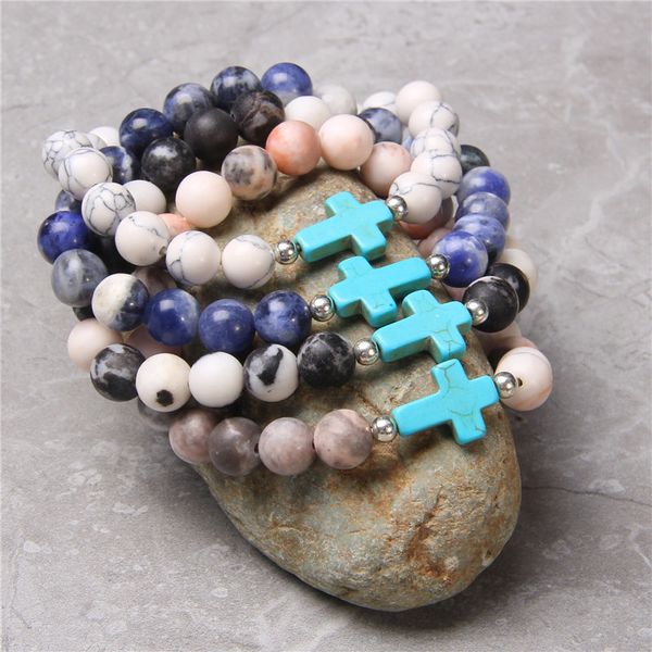

natural black white pink zebra sodalite jaspers gem stone bead beaded bracelet synthetic turquois cross charm pendant bracelets