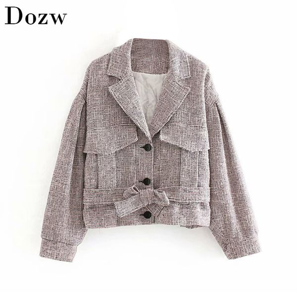 

fashion plaid tweed jacket women bandage batwing long sleeve casual coat female single breasted streetwear casaco feminino, Black