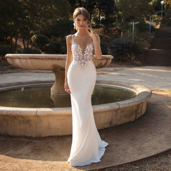 

2020 mermaid wedding dresses spaghetti straps appliques lace beach bride dress back wedding gown, White