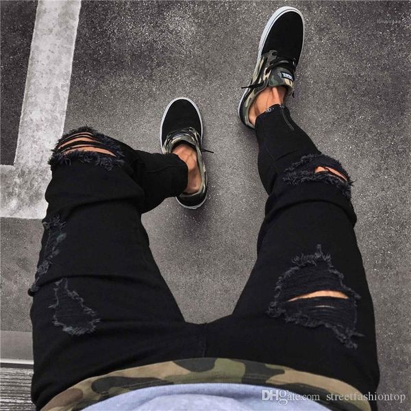 

jeans casual ripped distressed skinny zipper fly pencil jeans 19aw street style mens pants new mens designer, Blue