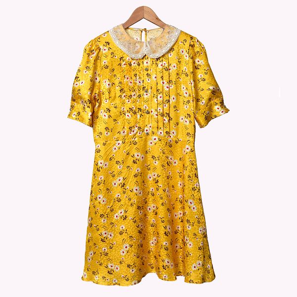 

2020 spring summer half sleeve peter pan neck multicolor yellow floral print panelled knee-length dress women fashion dresses w1815128, Black;gray
