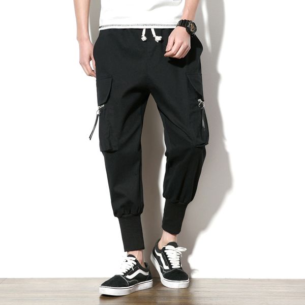 

men's pants ribbons pockets harem men summer casual sweatpants hip hop joggers design slim fit pencil, Black