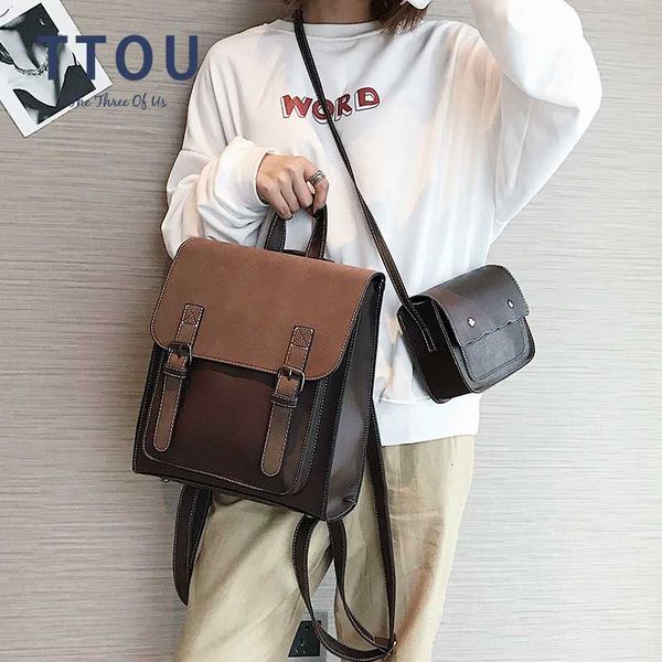 

fashion 2 pcs/set leather women backpacks for teenagers female back pack large capacity pu travelling bags vintage school bag