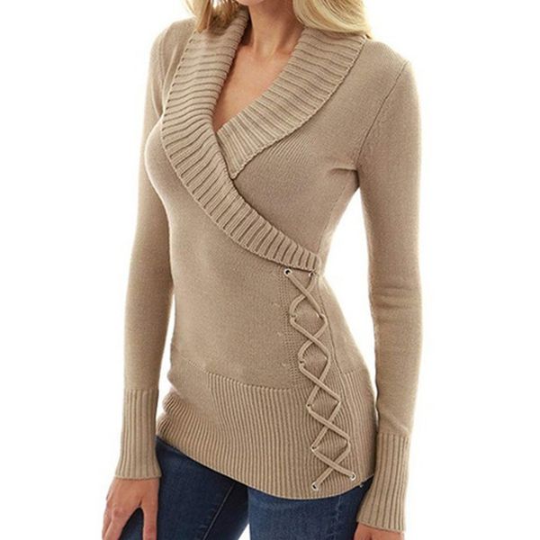 

plus size criss cross shawl collar knitwear 2020 new arrival autumn winter sweater solid color v-neck women's knits&tees s-xl, White