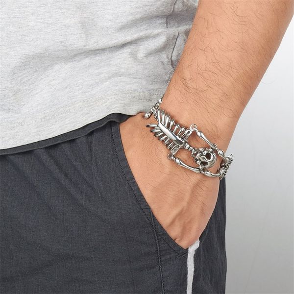 

zpams 316l stainless steel mens bangles vintage skeleton silver color bangles bracelets for men hyperbole personalized bangle, Black