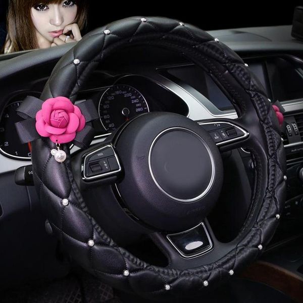 

ladies fashion car universal steering wheel cover universal camellia black and white personality soft leather handlebar cover
