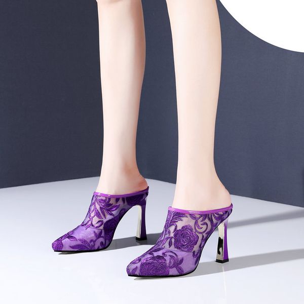 

high heel shoes women mesh leather slippers pointed toe high heel slippers women summer party shoes, Black