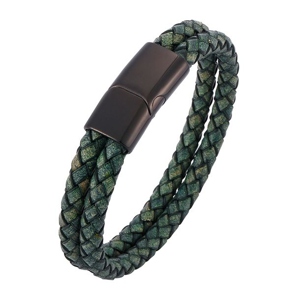 

retro men jewelry punk antique green double braided leather bracelet stainless steel magnetic clasp male wristband gifts sp0509, Golden;silver