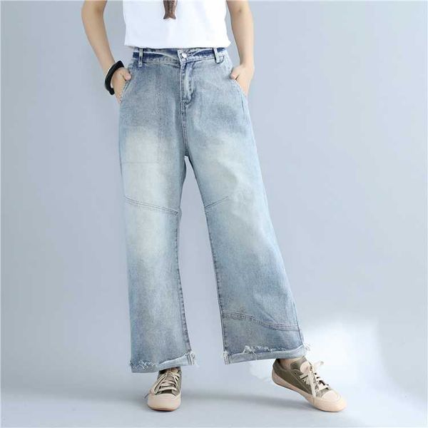 

2020 summer new wide leg women jeans high waist plus size loose straight lady elegant pants trousers, Blue