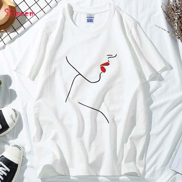 

simple body line t-shirt women punk vintage tumblr harajuku kawaii aesthetic korean style gothic tee shirt femme streetwear, White