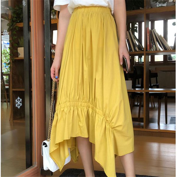 

skirts fashion fresh pleated chic irregular summer 2021 women elastic waist loose solid high long skirt, Black