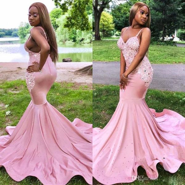 

fashion mermaid evening prom dresses 2020 spaghetti straps beaded lace sweep train elastic satin african pageant party gonws vestidos, Black;red