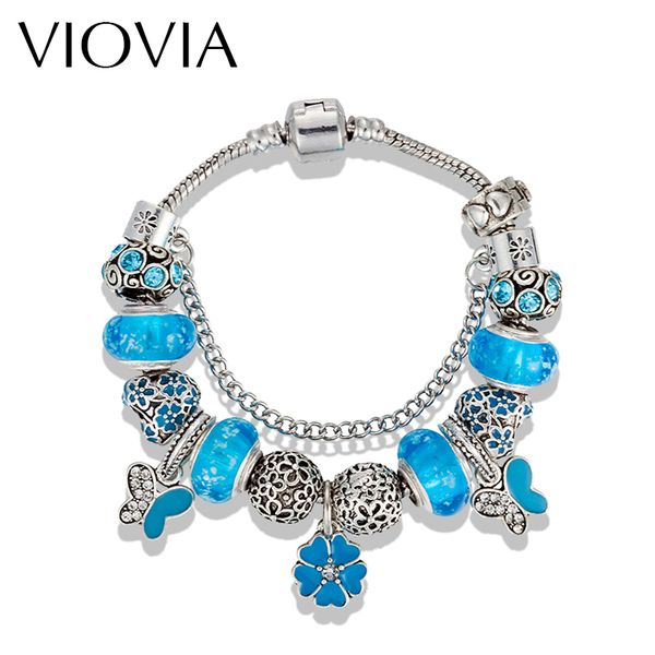 

viovia antique silver color charm bracelet crystal bead with lovely butterfly bracelets & bangles for women jewelry gift b16061, Red;blue