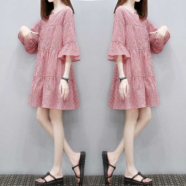 

2020 summer pregnant women cotton dress plus size flare sleeve ruffles patchwork o-neck plaid dress maternity fashion, White