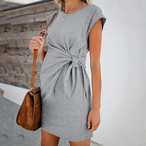 

2020 fashion women's maternity dress pregnancy tie-in waist short sleeve solid color soft comfortable pregnancy vestidos robe, White