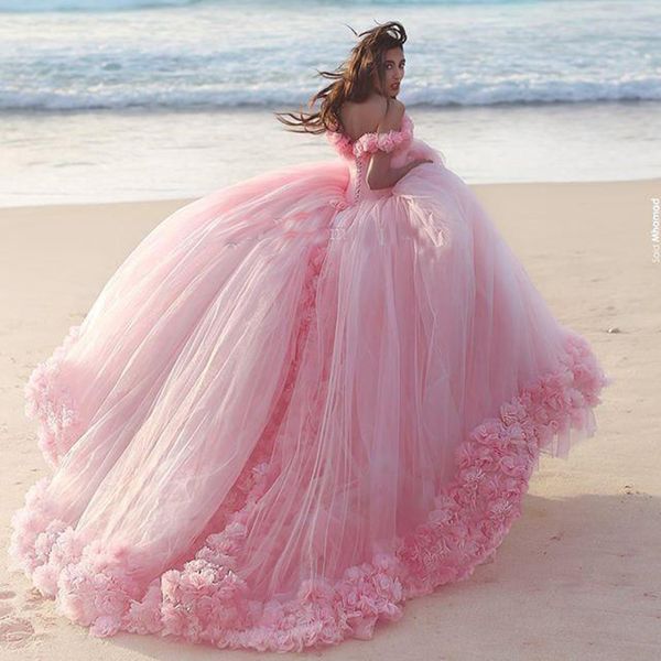 Mão feita princesa rosa buffy ball vestido vestidos de casamento para noiva 3d flores applique fora do ombro belos vestidos nupciais cinderella quinceanera vestido