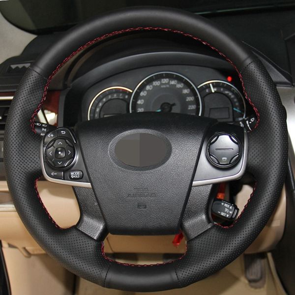 Couro preto Artificial DIY mão-costurado Car Steering Wheel Cover para Toyota Camry 2012 2013 2014