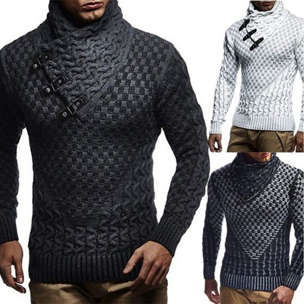 

leather buckle coarse sweater men turtleneck mens knitted pullover casual autumn elastic knitting sweater coat knitwear pull 3xl, White;black