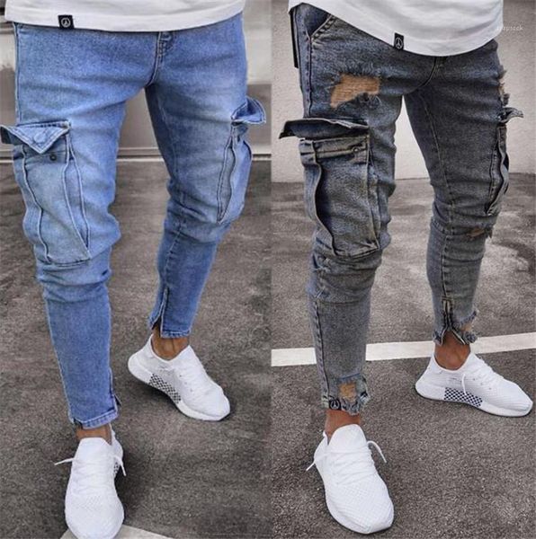 

mens designer jeans fashion zipper fly panelled mens pencil pants casual males clothing mulit pockets panelled, Blue