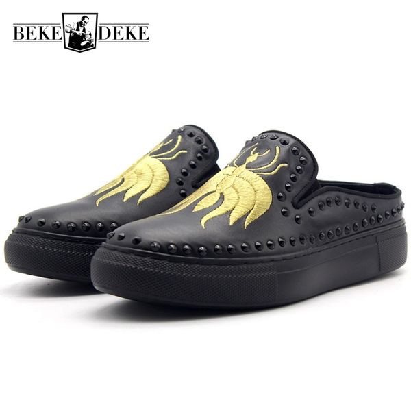 

2020 new genuine leather sandals men embroider rivet black slip on slippers platform loafer flat with beach garden shoes male