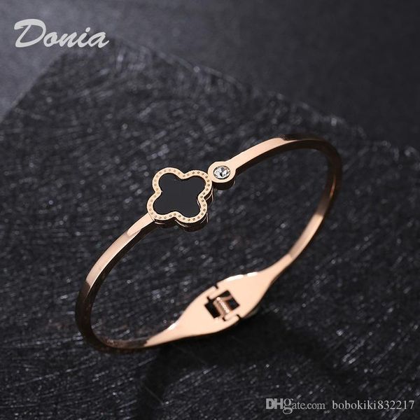 

donia jewelry lucky flower rose gold electroplating exaggerated micro setting zirconium titanium steel adjustable bracelet popular in euro, Black