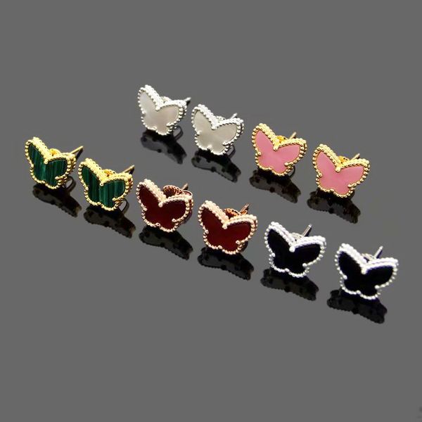 

europe america fashion lady brass onyx mother of pearl malachite carnelian mini lucky butterfly 18k plated gold earrings 3 color, Golden;silver