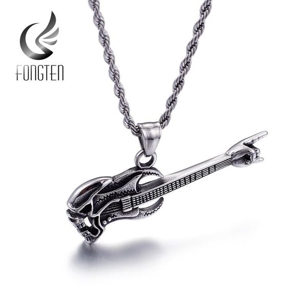 

fongten guitar pendant necklace men vintage stainless steel punk musical instrument necklaces jewelry, Silver