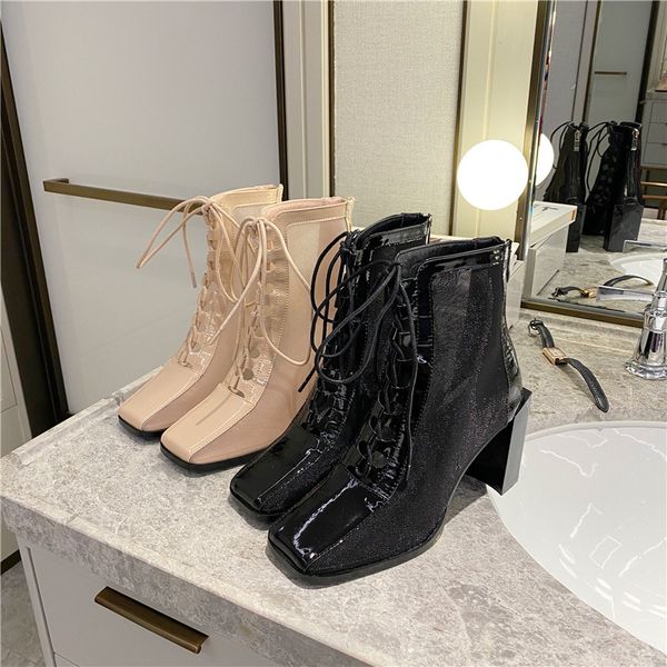 

sandal woman boot lace denim women's shoes sandals straps fashion womens shoes 2020 suit female beige block heels breathable, Black
