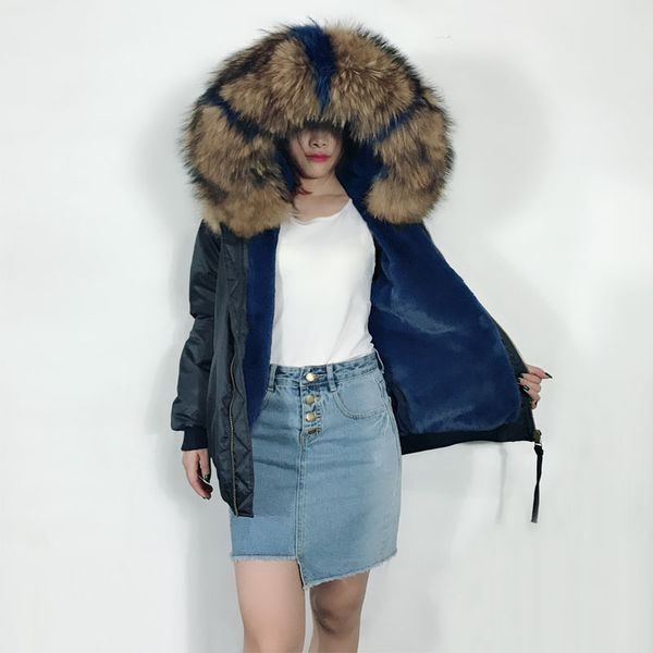 

deep blue bomber jacket winter big size raccon fur collar parka for women, Black