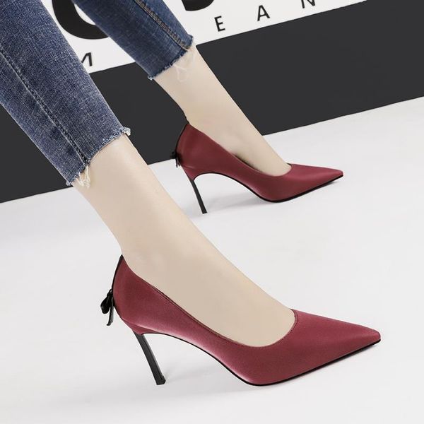

2020 new spring bowknot металла каблука thin женск твердая остроконечные toe мода shallow высокие каблуки женская обувь, Black