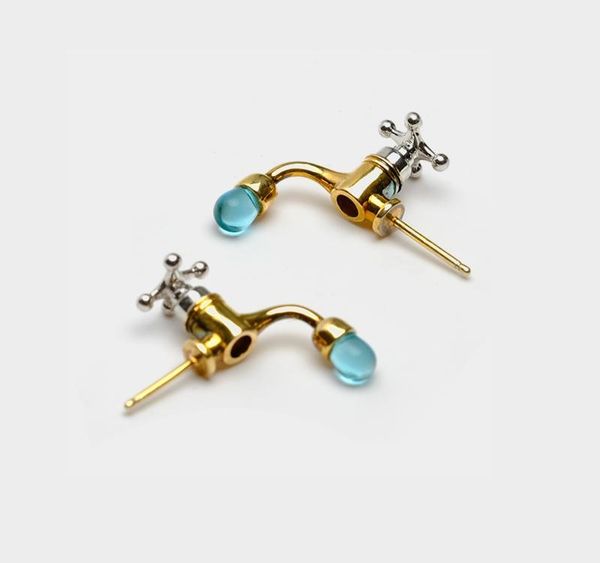 

wholesale fashion geometry design blue water faucet earrings, Golden;silver