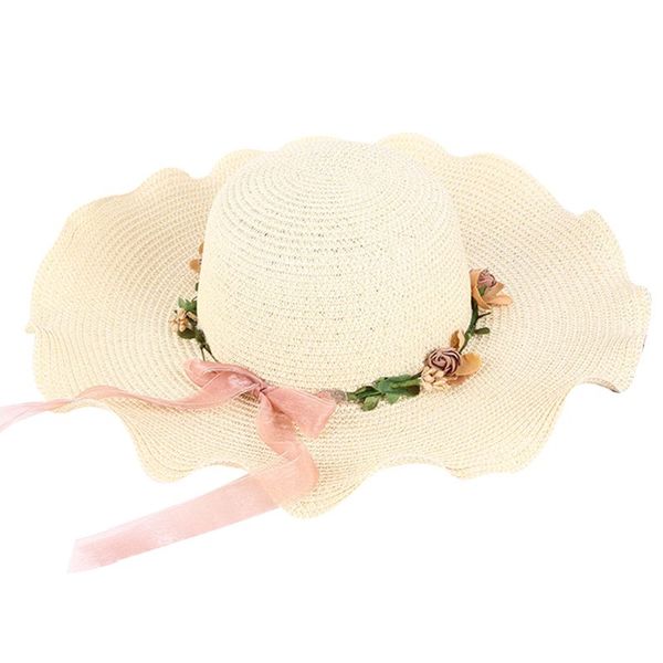 

women summer straw sun visor hat ruffles agaric wide wavy brim artificial flower garland wreath lace ribbon bucket cap beachwear, Blue;gray