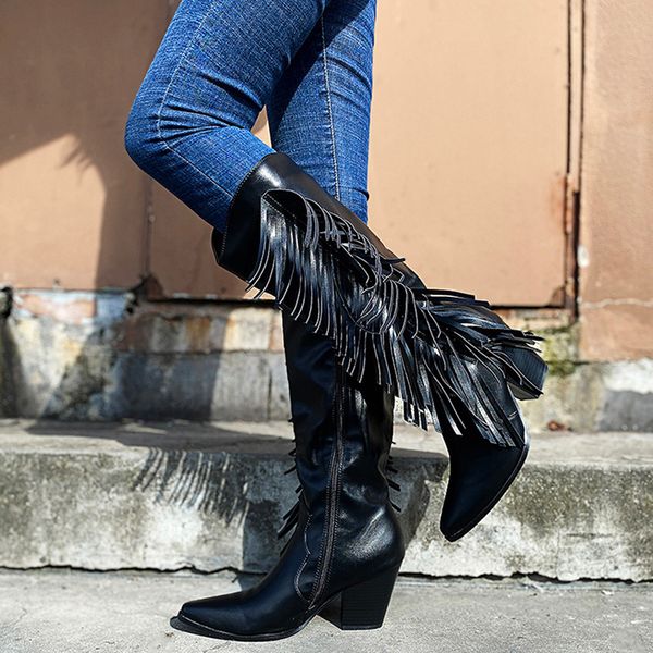 

бахромой зимние женские сапоги плюс размер pu сплошного цвета с низким каблука кисточкой скольжения на остроконечные toe женская обувь женск, Black