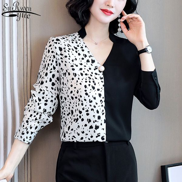 

fashion women's blouse satin korean contrasting color silk shirt 2020 autumn long sleeve v-neck clothes ropa de mujer 11109, White