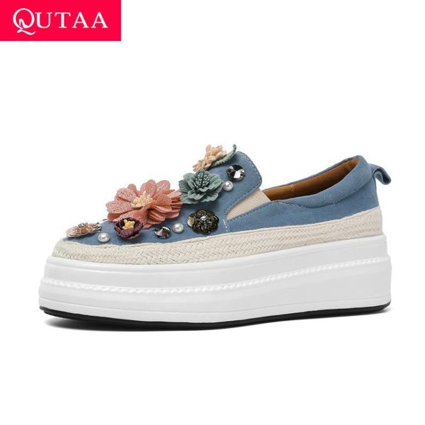 

qutaa 2021 quality kid suede platform fashion ladies pumps flowers round toe wedge heel slip on women single shoes size 34-39, Black