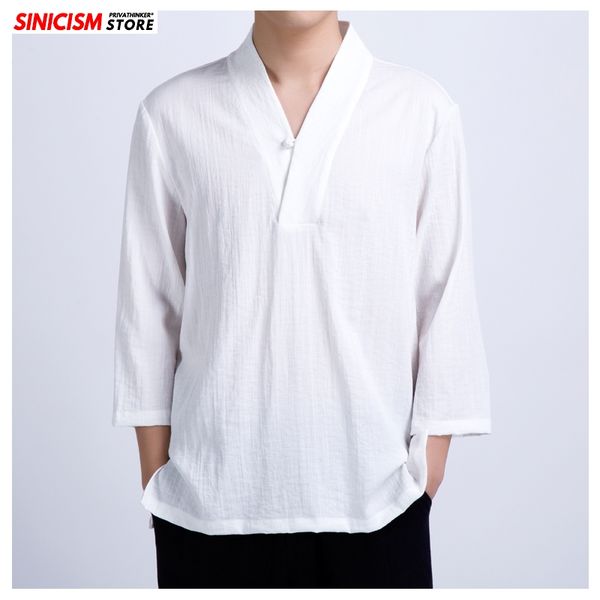 

sinicism store new 2020 men solid o-neck tshirts men's three qualter summer tees loose tshirts male clothing chinese style tees, White;black