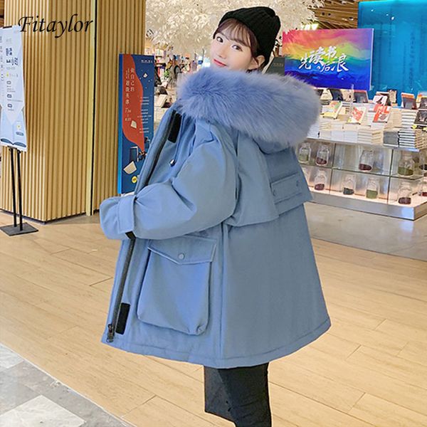 

fitaylor 2020 new winter women long parkas large fur collar thickness warm overcoat cotton padded casual female hooded outwear, Black