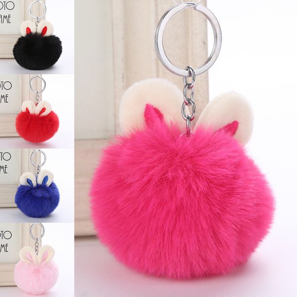 

fluffy rabbit ears keychains fur pom key chains fake rabbit fur ball key chain pompom keyring fluffy bag new, Silver