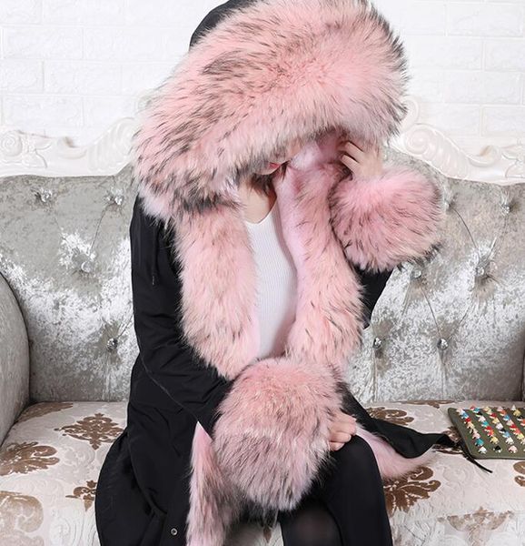 punta nera abbottonatura con finiture in pelliccia di volpe rosa Meifeng cappotto da neve femminile rosa pelliccia di coniglio foderata nera lunga donna parka
