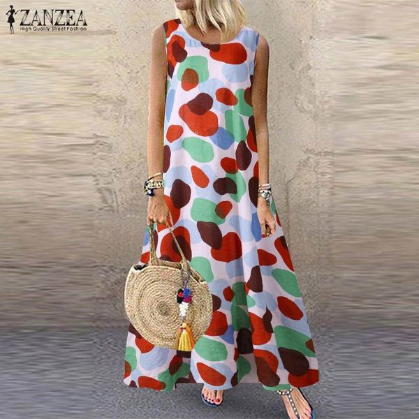 

zanzea summer bohemian printed sleeveless sundress women o neck beach long dress casual party vestido plus size dresses sarafans, Black;gray