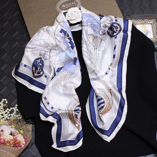 

new sailing zhi road series silk twill silk 90cm big square scarf, Blue;gray