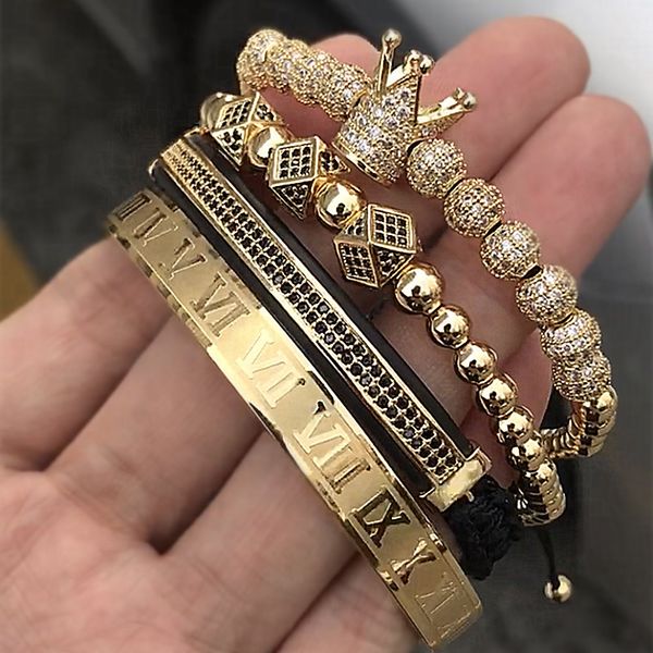 

Hot Sale Classical Handmade Braiding Bracelet Gold Hip Hop Men Pave Cz Zircon Crown Roman Numeral Bracelet Luxury Jewelry MX190726