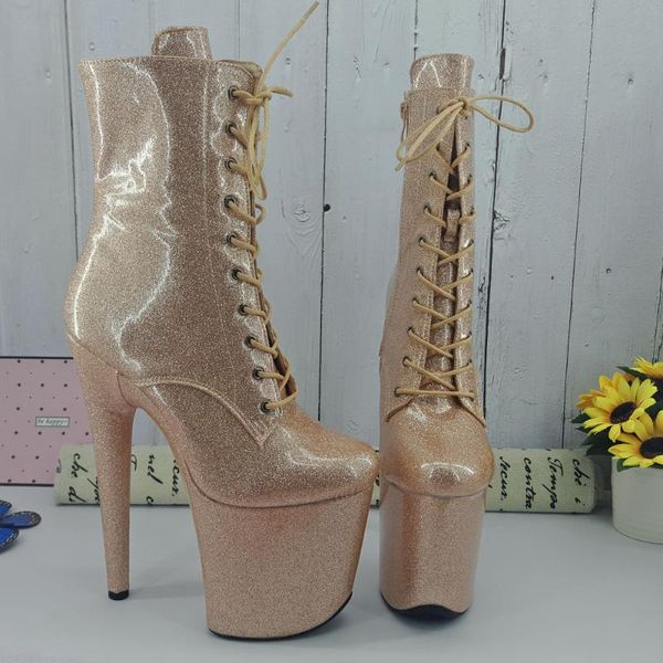 

leecabe shinny gold color 20cm/8inch beige women's platform sandals party high heels shoes pole dancing boot, Black