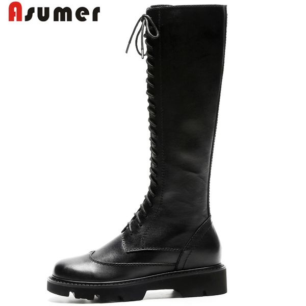

asumer 2020 новые подлинные кожаные сапоги на молнии зашнуровать ботинки верхом квадратный каблук колено высокие черные зимние ботинки женщи, Black