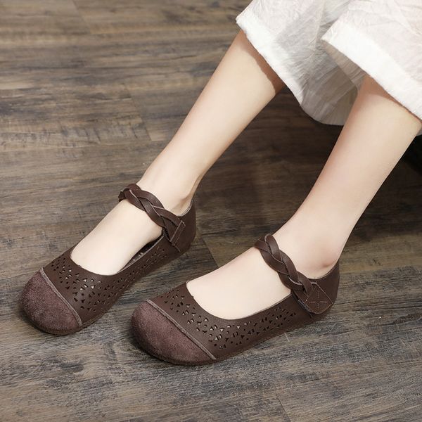 

tilocow women's handmade genuine leather mary janes shoes for women hollow out solid shallow flats wedges footwear casual shoes, Black