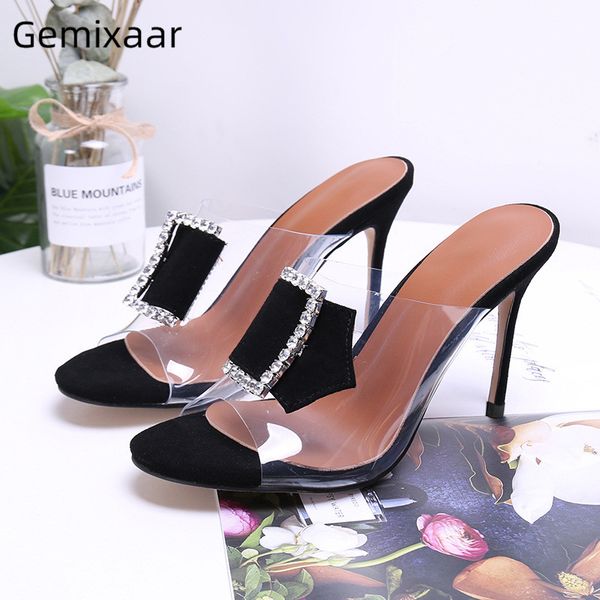 

jeweled crystal buckle decor runway shoes woman stiletto heel open toe transparent pvc high heel slippers women, Black