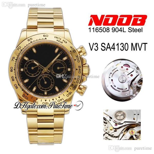 

n v3 904l steel sa4130 automatic chronograph mens watch black dial stick 18k yellow gold oyster bracelet edition 116508 puretime nc3, Slivery;brown